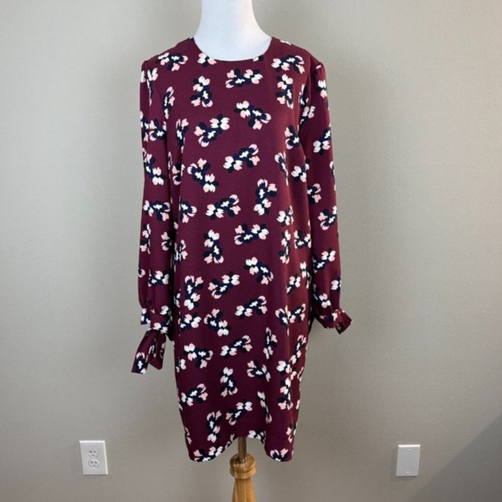 Banana Republic Dress 10 Shift Maroon‎ Floral Long Tie Sleeve Above Knee Womens